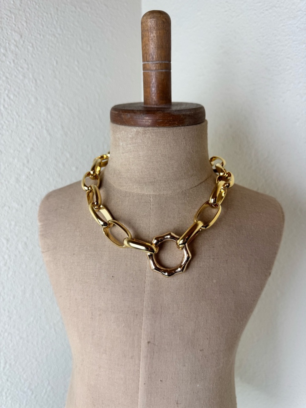 Gold Tone Chunky Chain Necklace with Bamboo Hinged Clasp